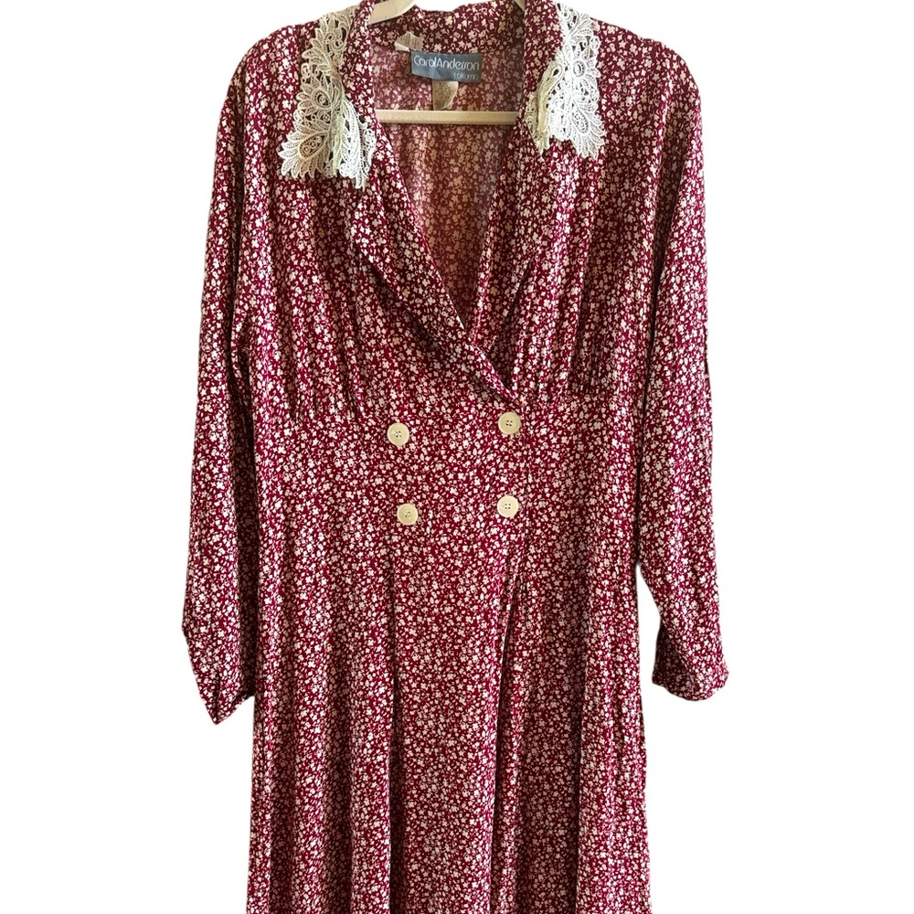 Vintage Carol Anderson Red Flower Lace Collar‎ Prairie Dress Size 12 Tie Back